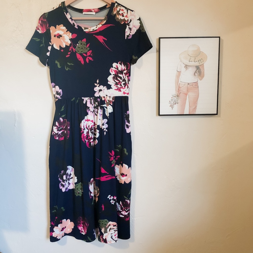 Reborn J Navy Floral Midi Dress with POCKETS NEW!